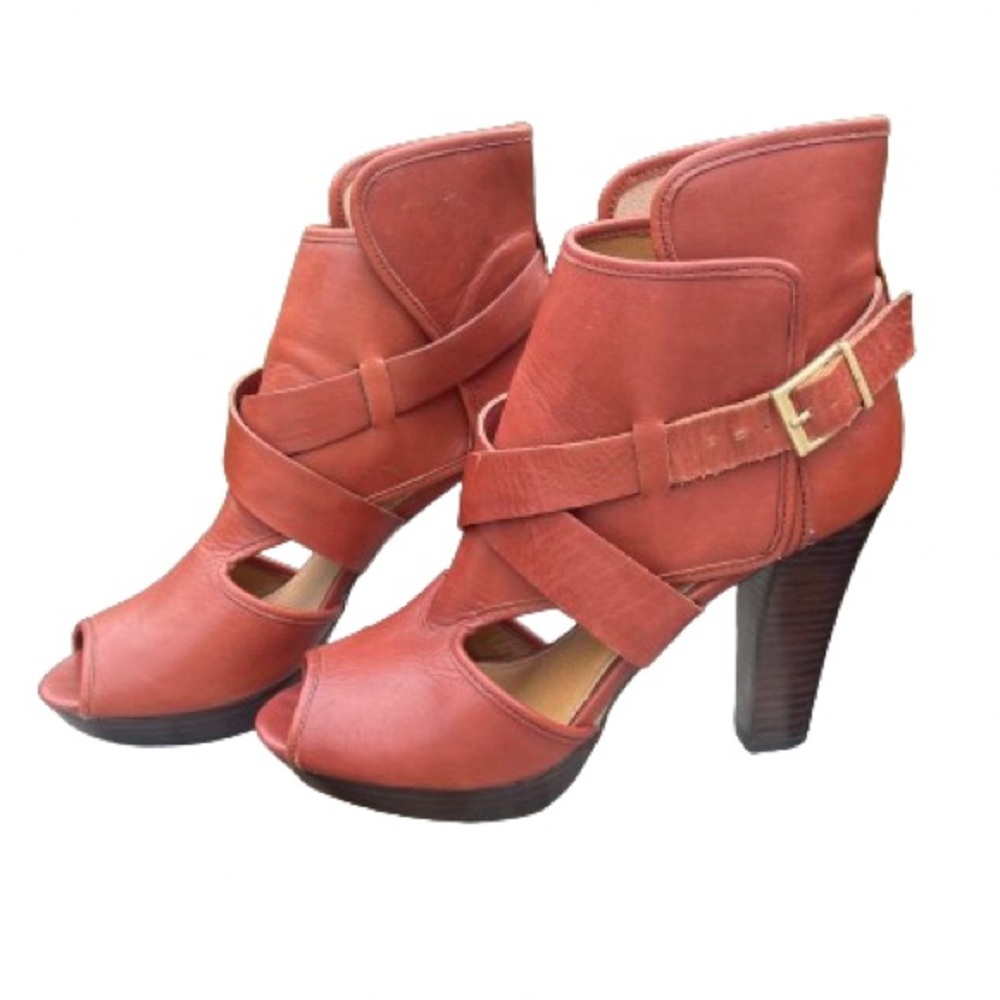 Kelsi Dagger Cognac Marcelle Buckled Heel - brown leather heel sandal boot - 10